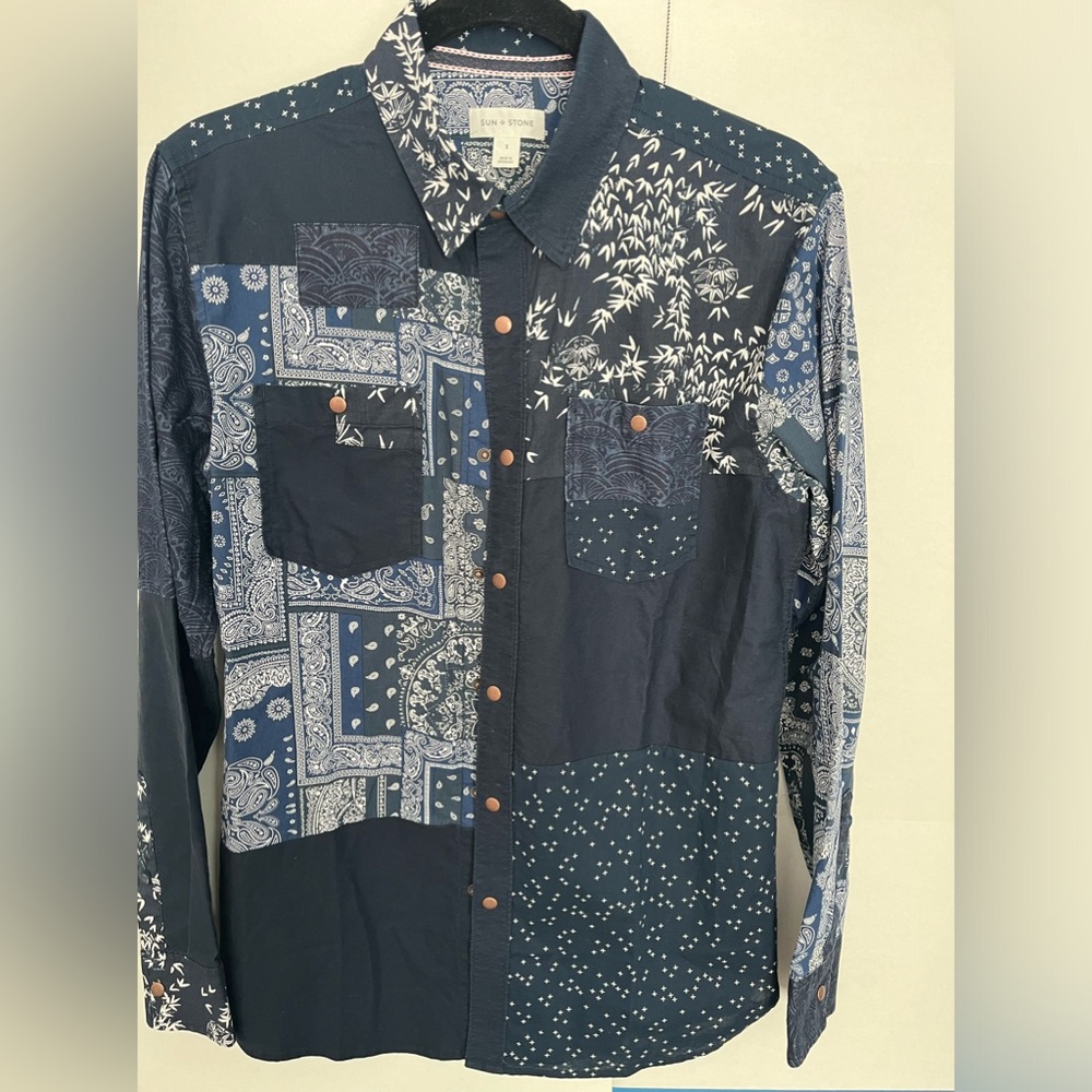 Navy Blue paisley collared shirt - Picture 2 of 6